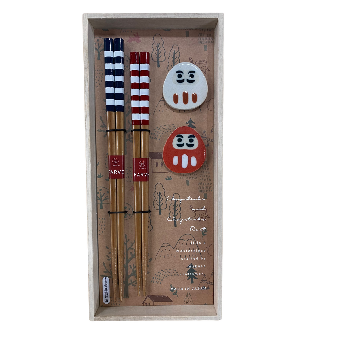 Kawai Chopsticks Gift Set - Milk Stripes & Daruma