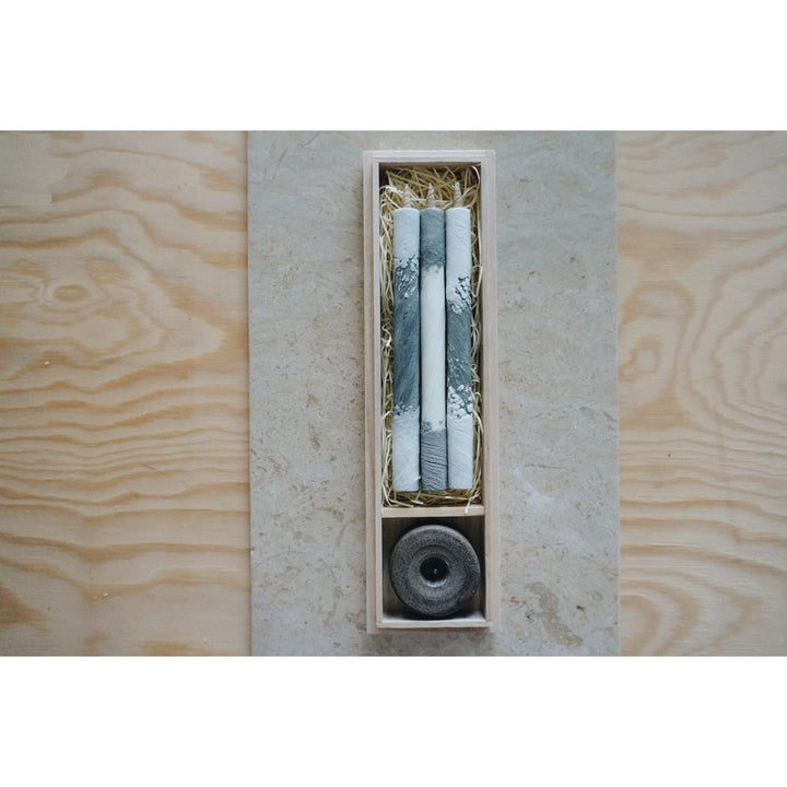 3 Long HAZE Candles & Stand in a Wooden Gift Box - "A-hum"