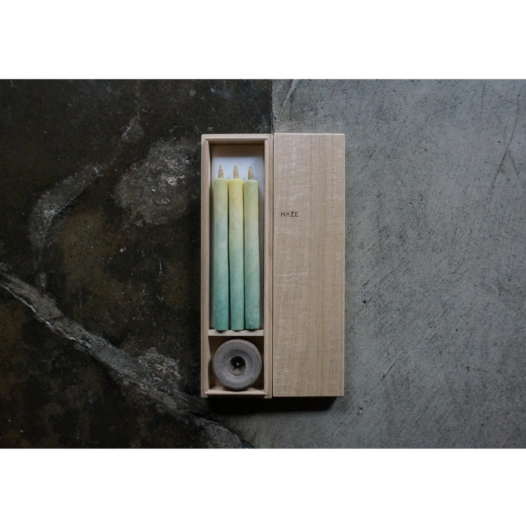 3 Long HAZE Candles & Stand in a Wooden Gift Box - "Buddha - Shining Sun"