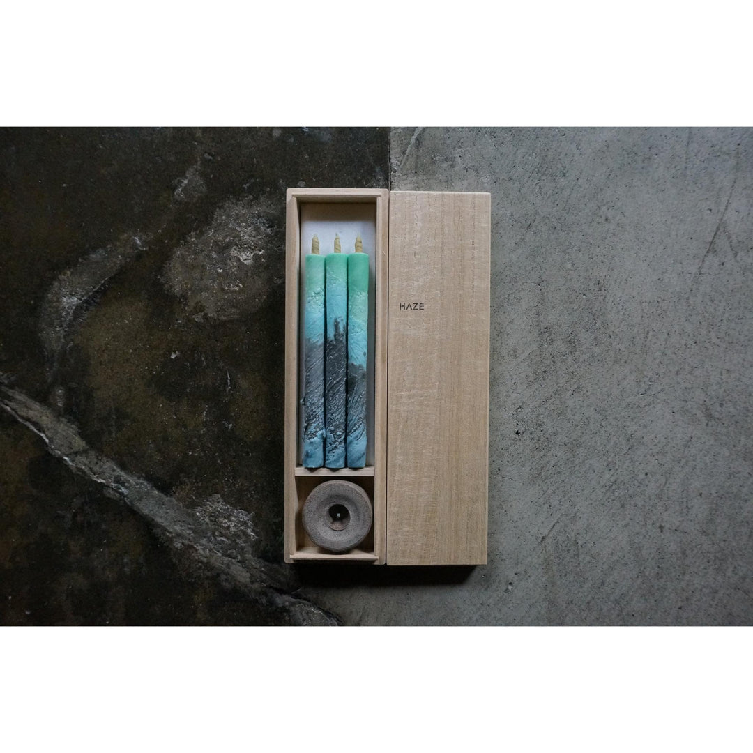 3 Long HAZE Candles & Stand in a Wooden Gift Box - "Shiva - Starry Sky"