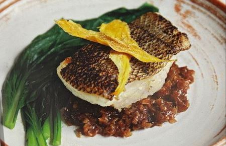 Chilean Sea Bass with Choy Sum and Onion Relish