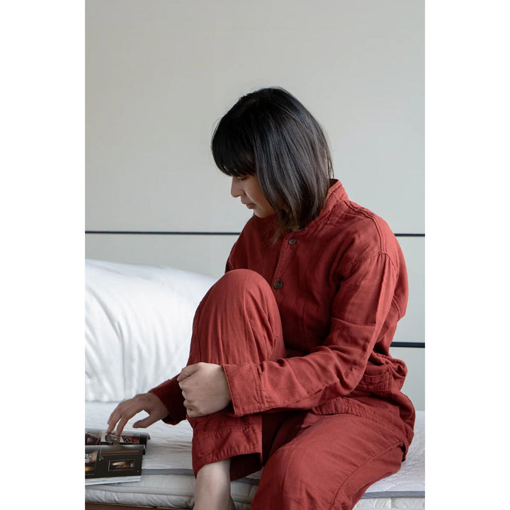 * PRE-ORDER * 3 Layered Gauze Pyjama Set - Brick Red (SS/S/M/L/LL)