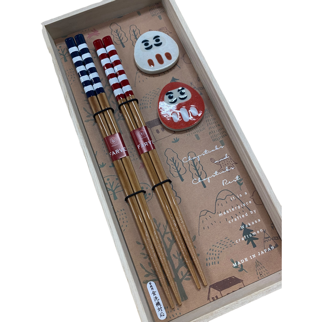 Kawai Chopsticks Gift Set - Milk Stripes & Daruma