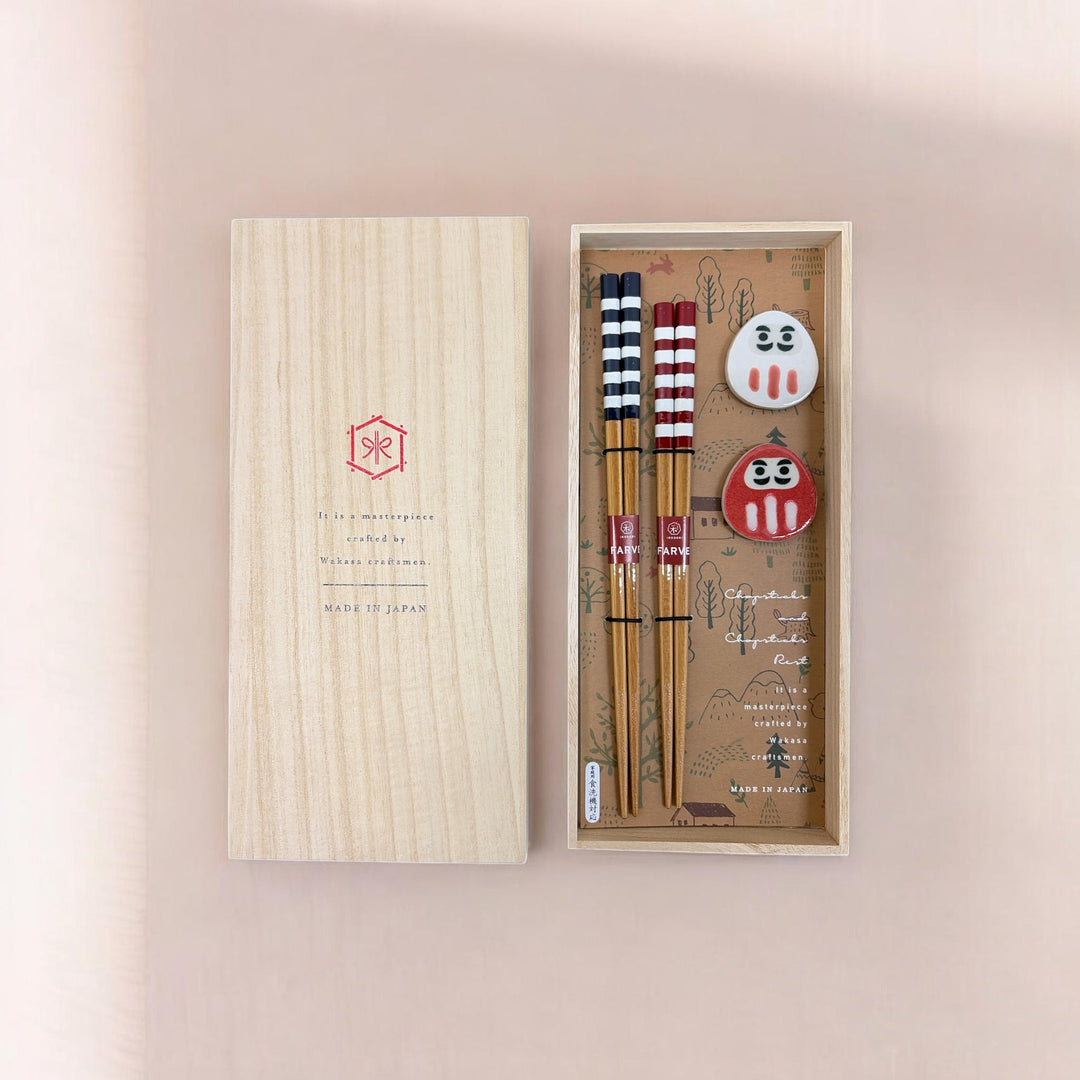 Kawai Chopsticks Gift Set - Milk Stripes & Daruma
