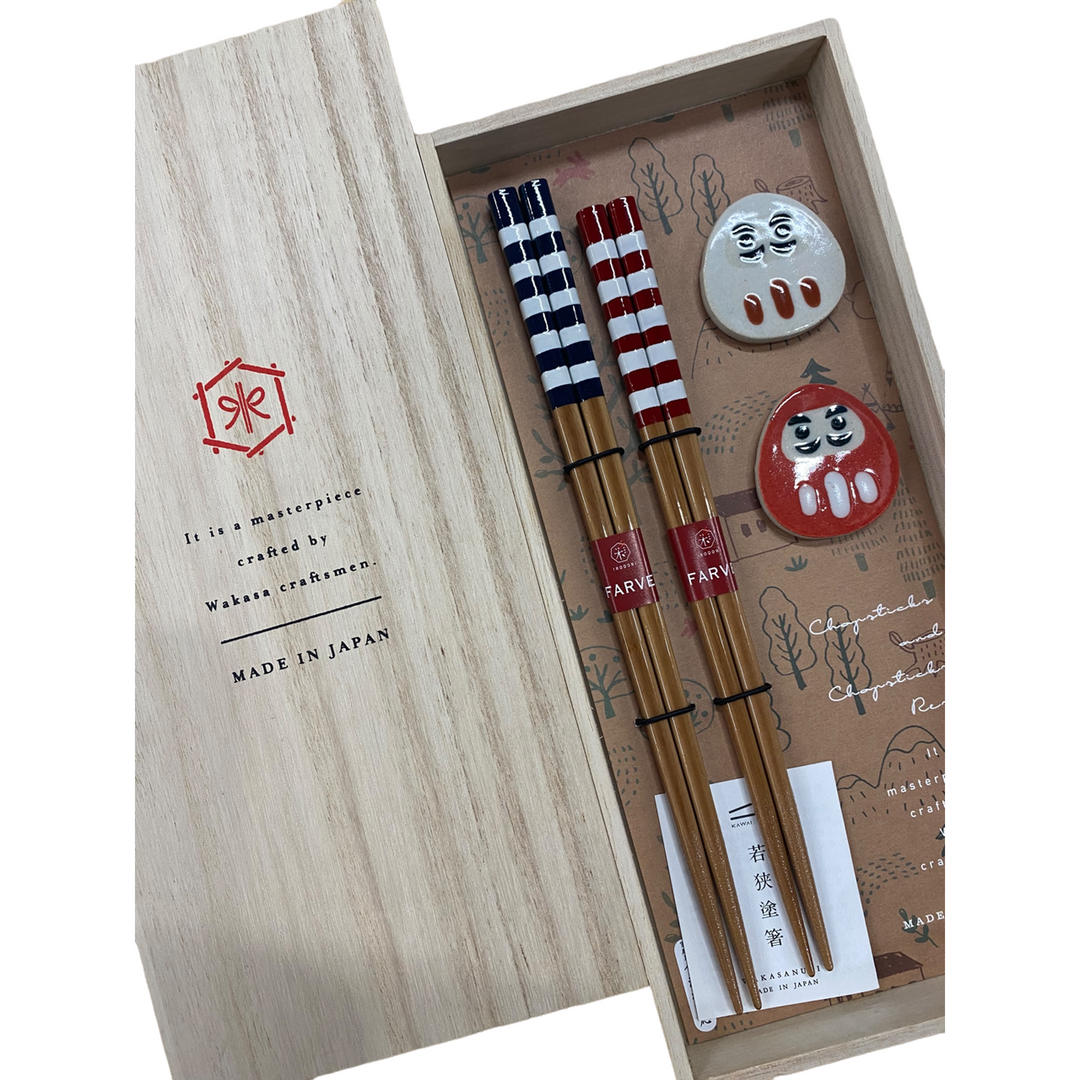 Kawai Chopsticks Gift Set - Milk Stripes & Daruma