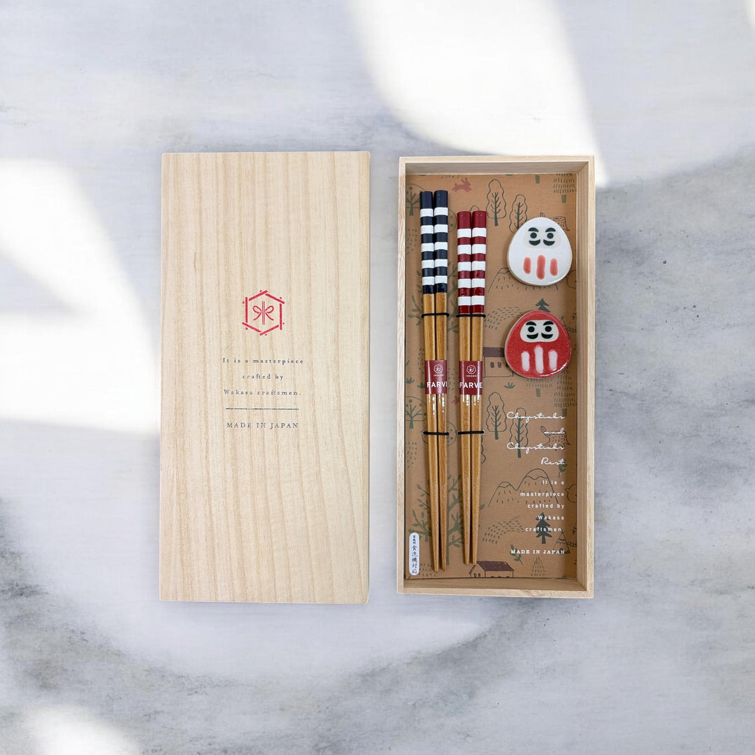 Kawai Chopsticks Gift Set - Milk Stripes & Daruma