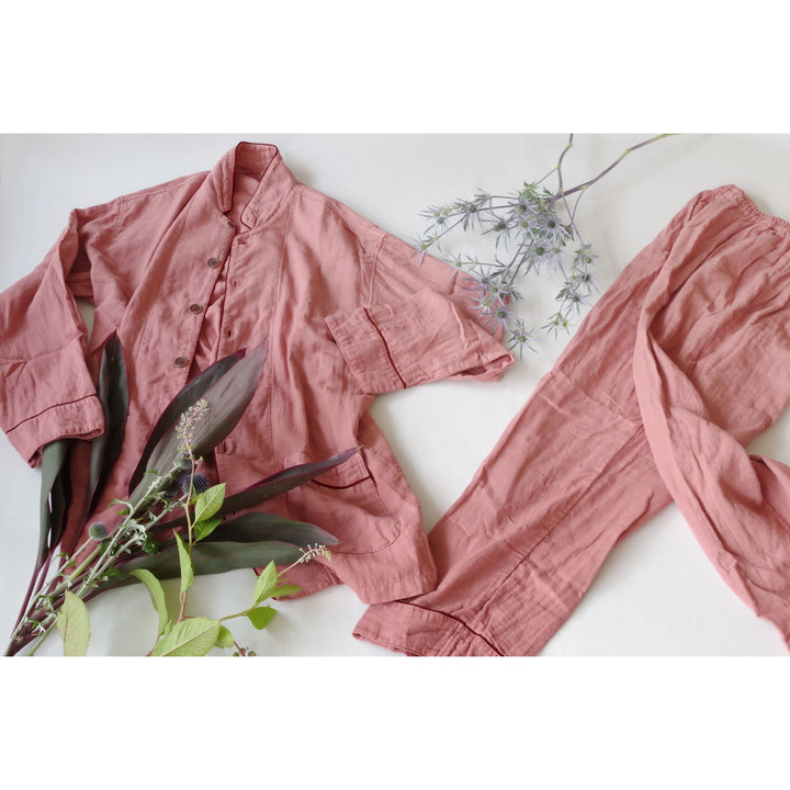 Herbal-dyed 2 Layered Gauze Pyjama Set - Coral Pink (SS/S/M/L/LL)