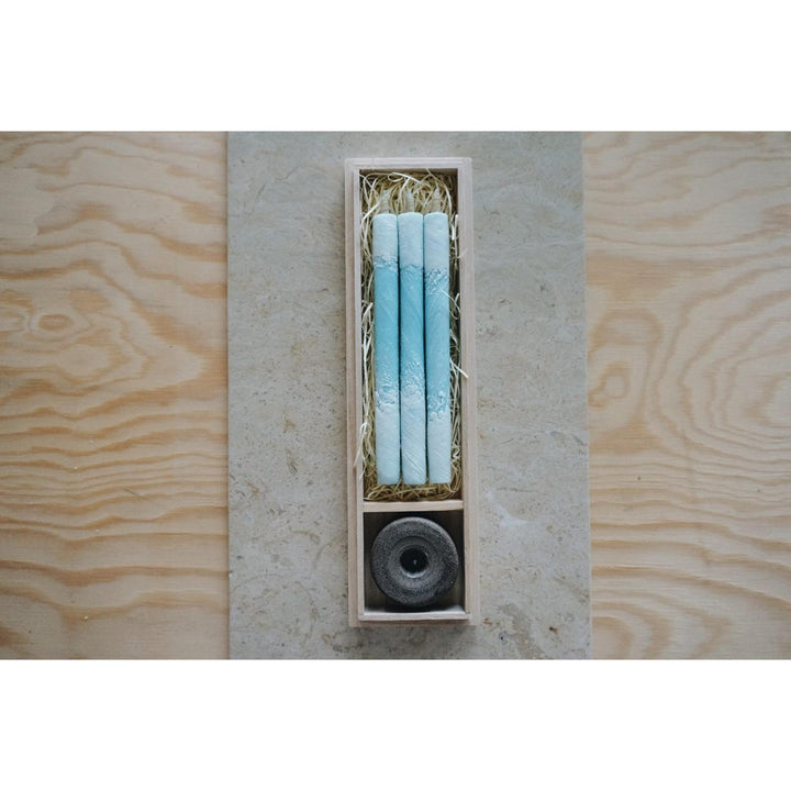 3 Long HAZE Candles & Stand in a Wooden Gift Box - "A Rift in the Clouds"