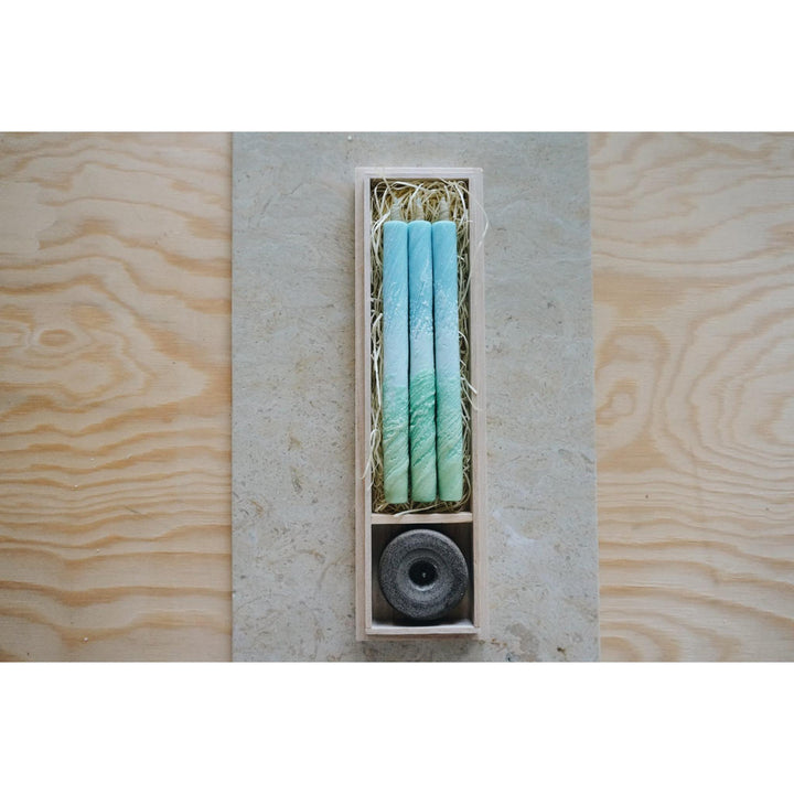 3 Long HAZE Candles & Stand in a Wooden Gift Box - "Cypresses"