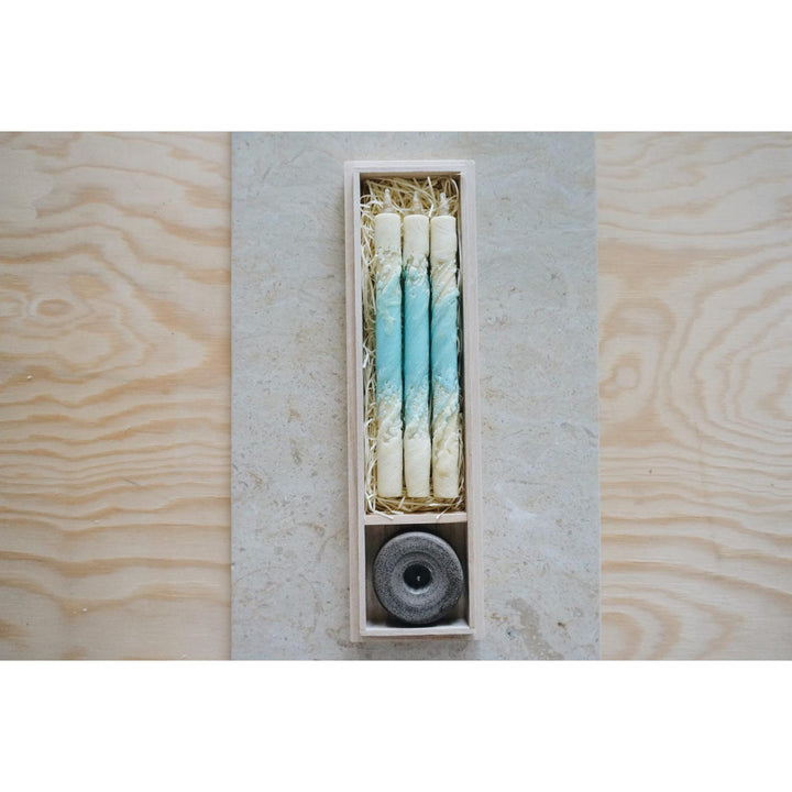 3 Long HAZE Candles & Stand in a Wooden Gift Box - "Light Year"