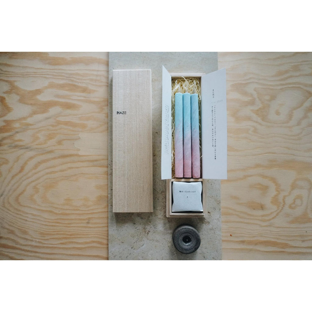 3 Long HAZE Candles & Stand in a Wooden Gift Box - "See You Tomorrow"