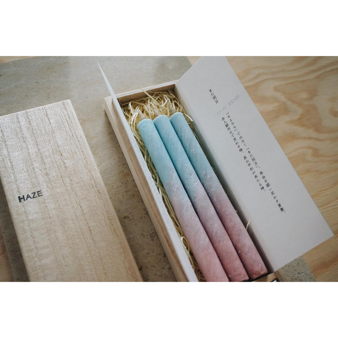 3 Long HAZE Candles & Stand in a Wooden Gift Box - "See You Tomorrow"